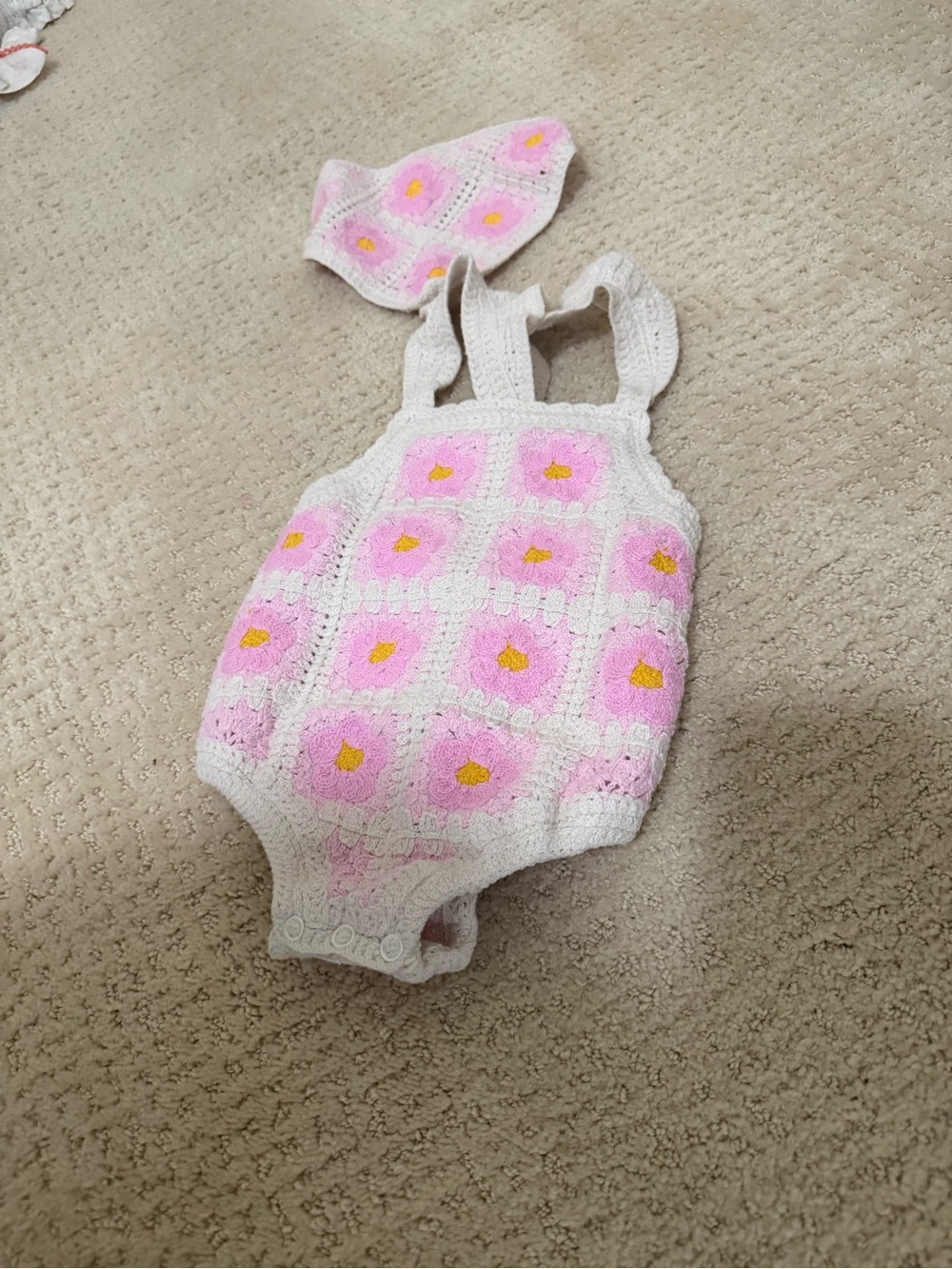 Handmade Pink Crochet Baby One-Piece Bodysuit with Hat